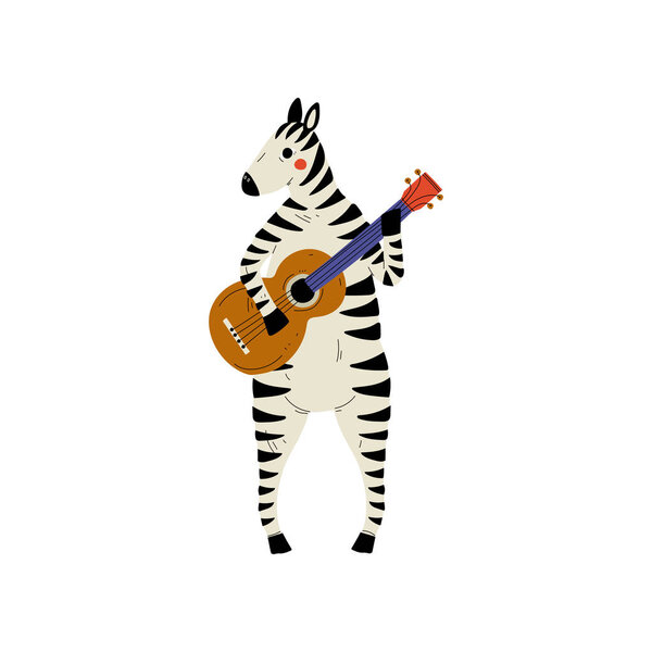 Zebra Playing Guitar, Cute Cartoon Animal Music Character Playing Acoustic Musical Instrument Vector Illustration

