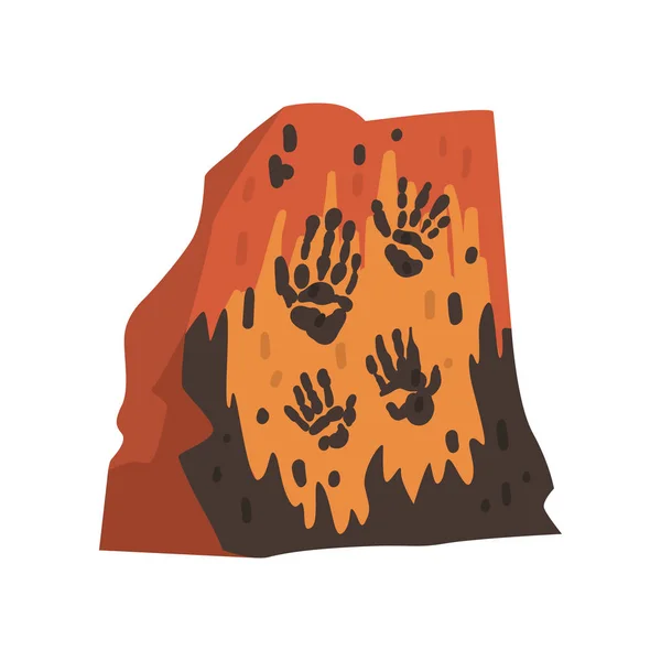 Impresiones de palmas de personas prehistóricas en piedra, dibujos de cuevas, arqueología ciencia Vector ilustración — Vector de stock