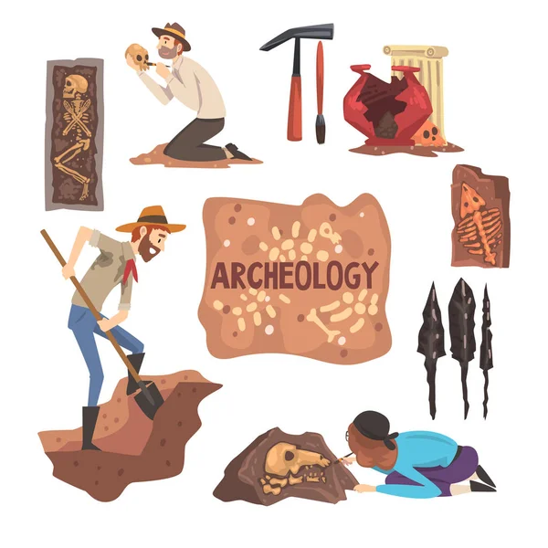 Набір археології та палеонтології, вчений, що працює над розкопками, археологічні артефакти Векторні ілюстрації — стоковий вектор