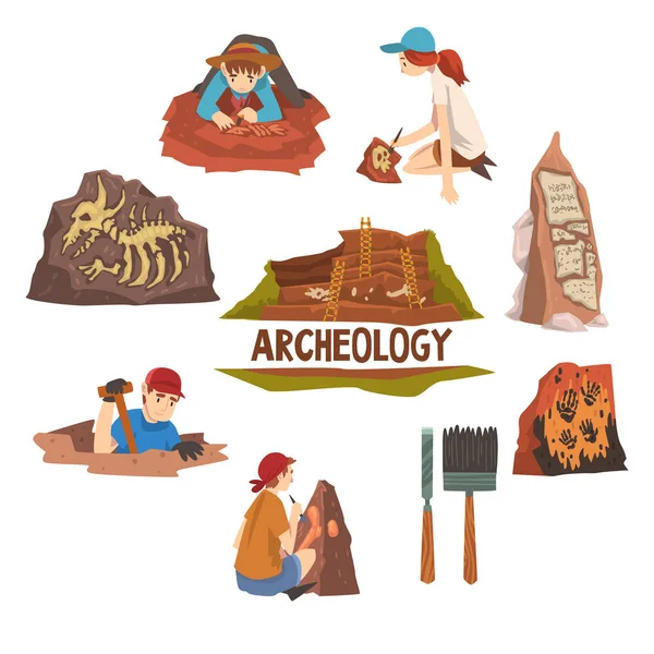 Conjunto de Arqueología y Paleontología, Científico trabajando en excavaciones, artefactos arqueológicos y herramientas Vector Illustration — Vector de stock