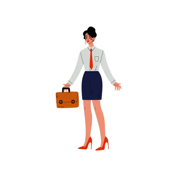 Mujer de negocios que usa ropa de trabajo de pie con maletín, empleado de oficina, empresario o gerente ilustración de vectores de carácter — Vector de stock