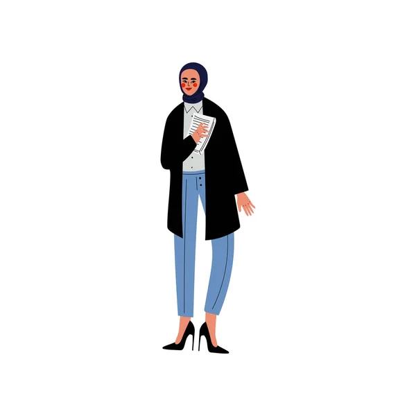 穆斯林商务女性在头饰，办公室员工，企业家或经理字符矢量图 — 图库矢量图片