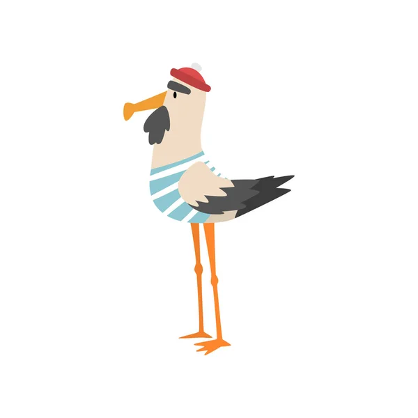 Seagull Sailor, grappige vogel cartoon karakter in blauw wit vest en GLB, zijaanzicht vector illustratie — Stockvector