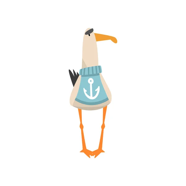 Seagull Sailor, grappige vogel cartoon karakter dragen blauwe trui met anker, vooraanzicht vector illustratie — Stockvector