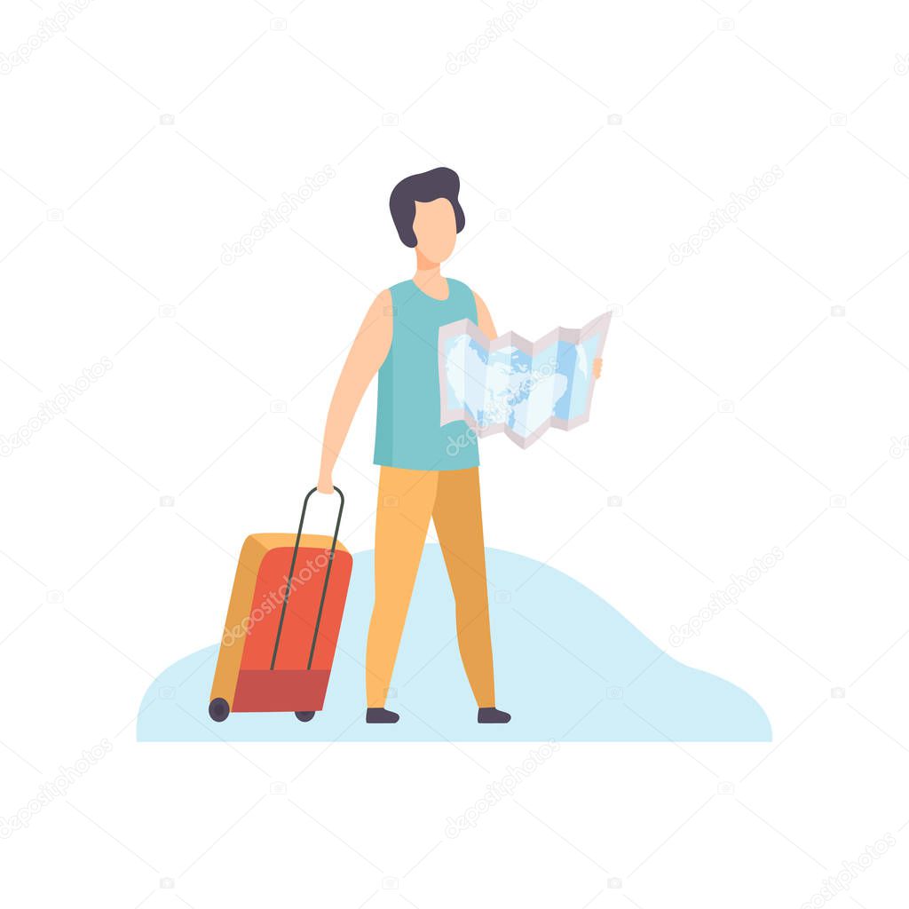 Young Man with Suitcase Holding Paper Map, Tourist Watching on the Road Map Vector Illustration