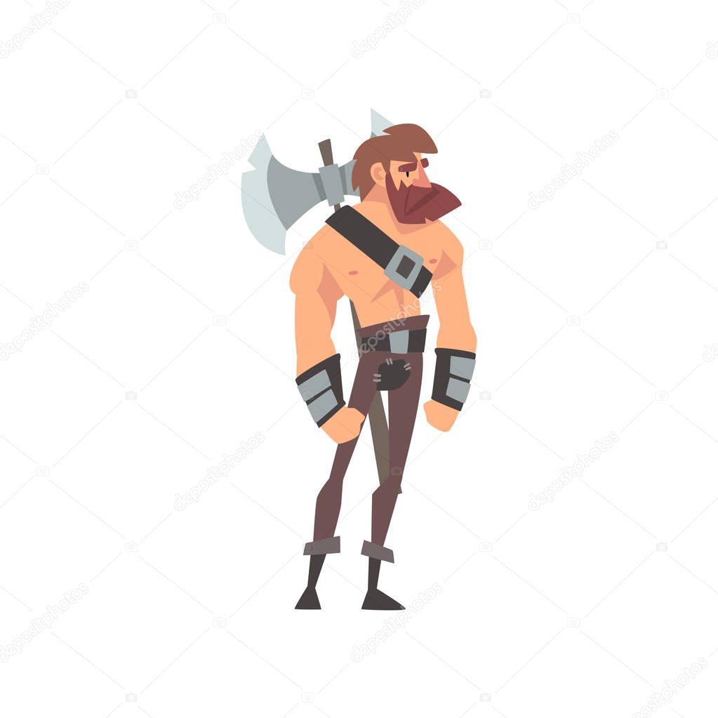 Bearded Muscular Barbarian Warrior with Axe, Medieval Historical Cartoon Character in Traditional Costume Vector Illustration