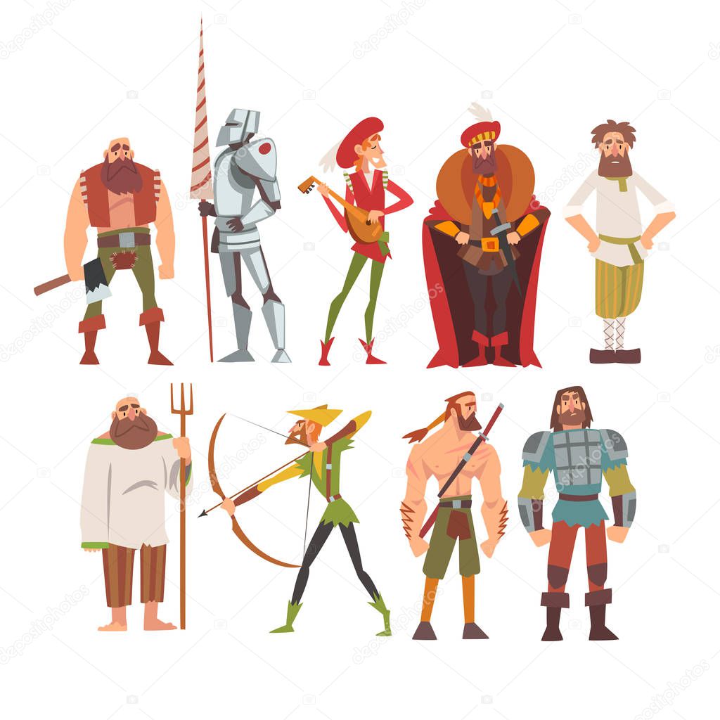 Medieval Historical Cartoon Characters in Traditional Costumes Set, Peasant, Warrior, Nobleman, Archer, Musician, Peasant Vector Illustration