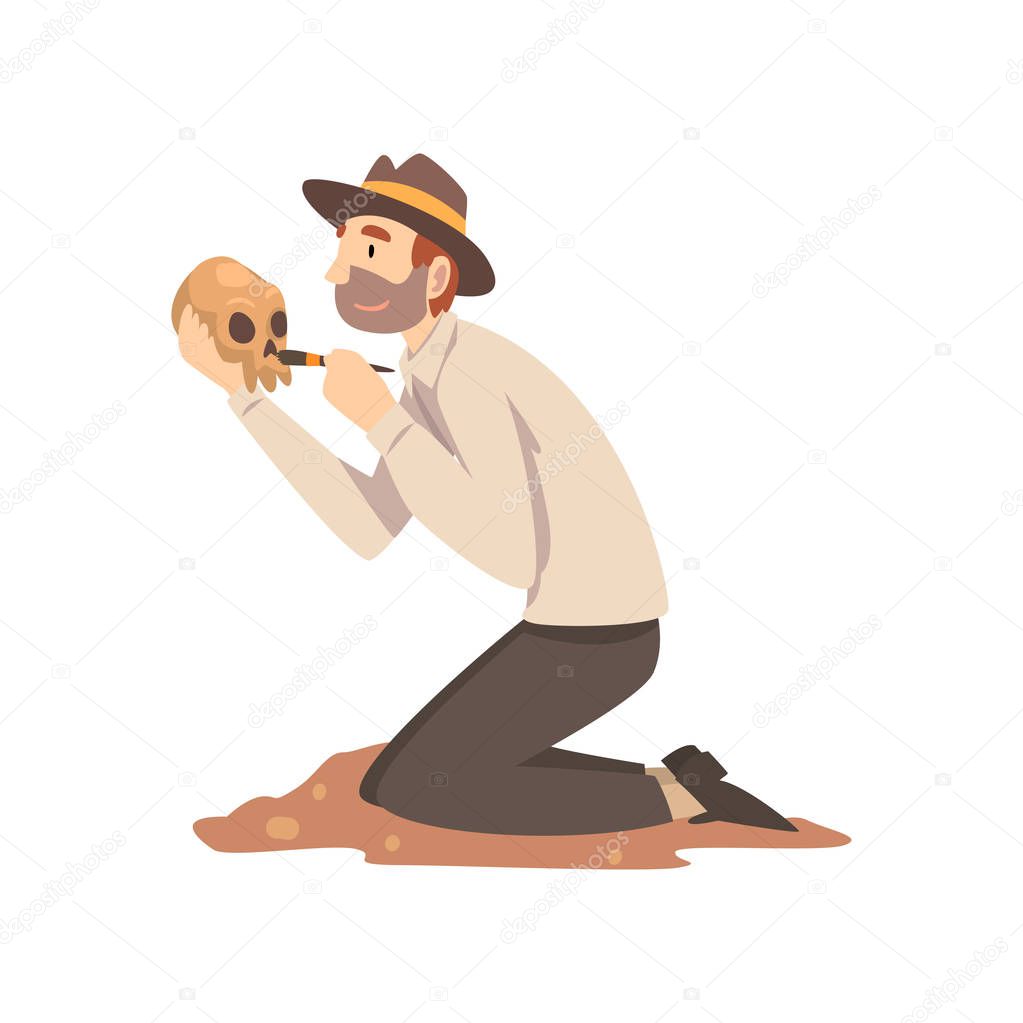 Male Archaeologist Sweeping Dirt from Human Skull, Scientist Working on Excavations Vector Illustration