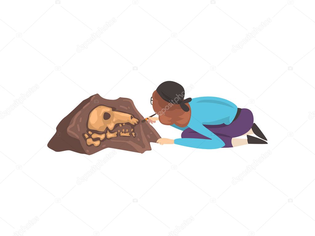 Female Archaeologist Sweeping Dirt from Bones of Skeleton Using Brush, Paleontology Scientist Working on Excavations Vector Illustration