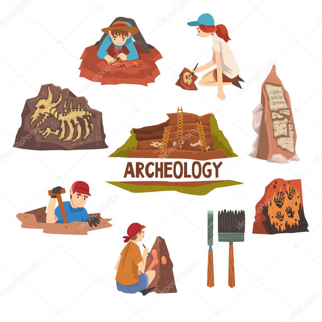 Archeology and Paleontology Set, Scientist Working on Excavations, Archaeological Artifacts and Tools Vector Illustration