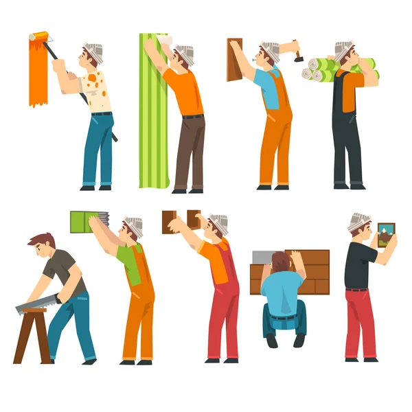 Professional Workers Set, Handymen Characters Working with Equipment Vector Illustration — Stock Vector