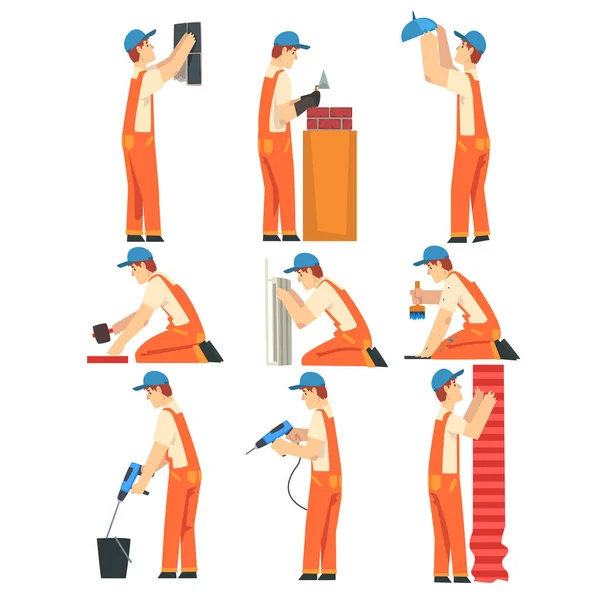 Verschillende professionele bouwers set, elektricien, timmerman, schilder, loodgieter, mannelijke bouwwerk nemers personages in oranje overall en Blue caps werken met apparatuur vector illustratie — Stockvector