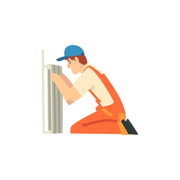 Professionelle Klempner Installation Heizkörper, männliche Bauarbeiter Charakter in orangefarbenen Overalls und blaue Mütze Vektor Illustration — Stockvektor
