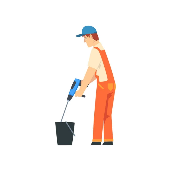 Costruttore di cemento miscelazione con miscelatore di costruzione, personaggio lavoratore edile maschile in tuta arancione e cappuccio blu con attrezzature professionali illustrazione vettoriale — Vettoriale Stock