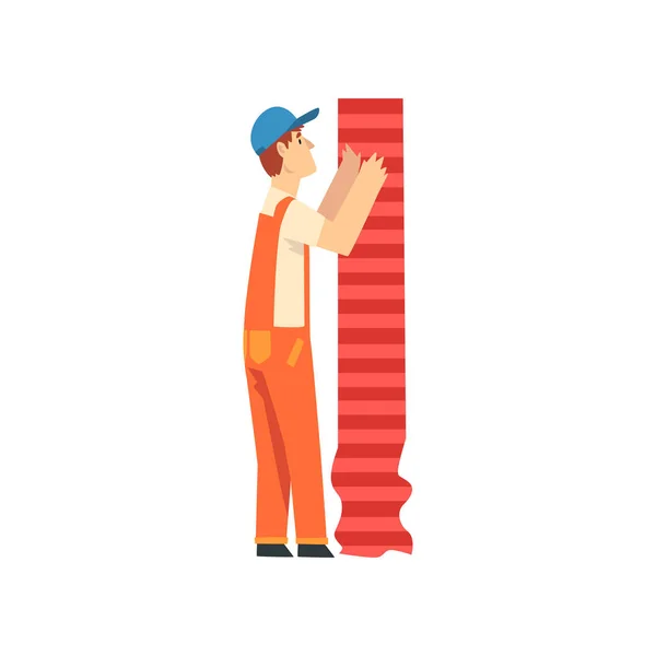 专业建筑商胶合壁纸,男性建筑工人字符在橙色整体和蓝色帽子与专业设备矢量插图 — 图库矢量图片