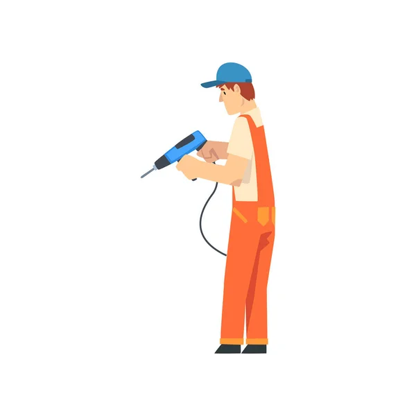 Handwerker mit Bohrmaschine, männlicher Bauarbeiter-Charakter in orangefarbenen Overalls und blauer Kappe mit professioneller Gerätevektorillustration — Stockvektor