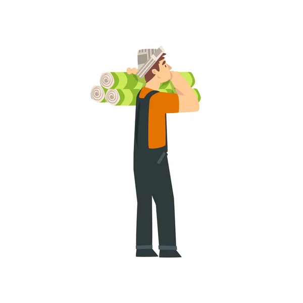 Πολυτεχνίτης κουβαλώντας ρολά από ταπετσαρία στον ώμο, αρσενικό εργαζόμενος κατασκευαστικός χαρακτήρας σε χάρτινο καπάκι με επαγγελματικό εξοπλισμό απεικόνιση διάνυσμα — Διανυσματικό Αρχείο