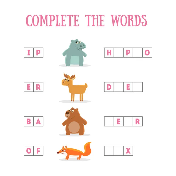 Complete as palavras, Jogo Educativo para Crianças, Hipona, Veado, Urso, Fox Vector Illustration — Vetor de Stock