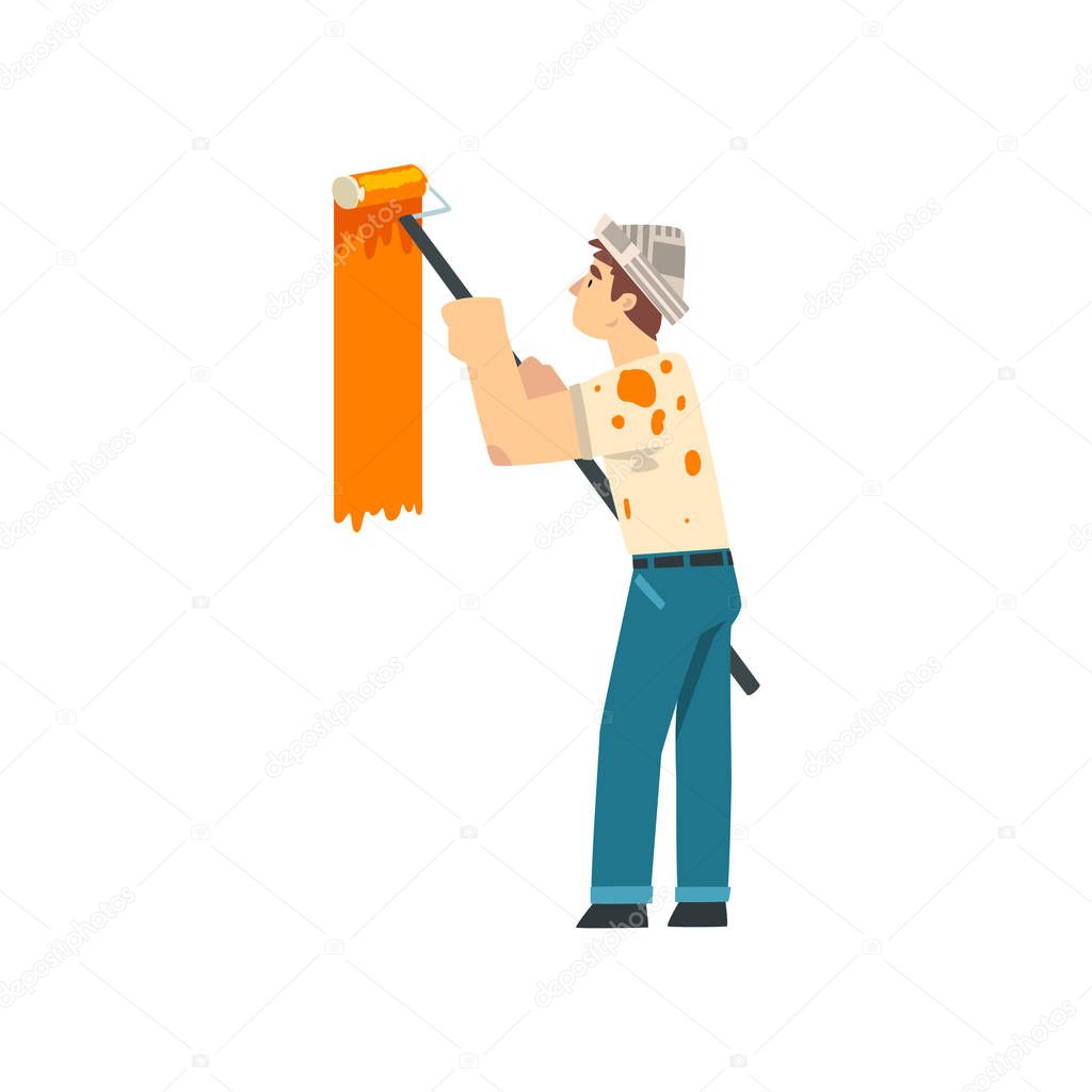 Painter Painting Wall with Roller, Male Construction Worker Character in Paper Cap with Professional Equipment Vector Illustration
