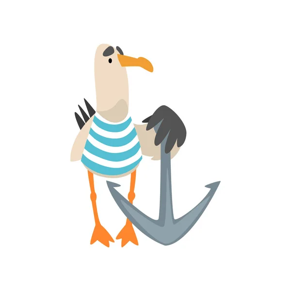 Marinero de gaviota, personaje divertido de dibujos animados de pájaro con ilustración de vectores de ancla — Vector de stock