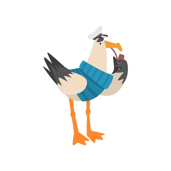 Seagull Sailor, grappige vogel cartoon karakter in blauwe trui en captaine Cap vector illustratie — Stockvector