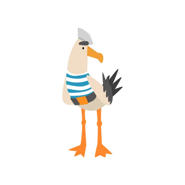 Γλάρος ναύτης, αστεία πουλί κινούμενα σχέδια χαρακτήρα σε μπλε λευκό γιλέκο και καπάκι εικόνα διάνυσμα — Διανυσματικό Αρχείο