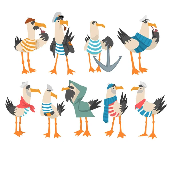 Meeuwen zeilers set, Funny Captain Birds cartoon personages vector illustratie — Stockvector