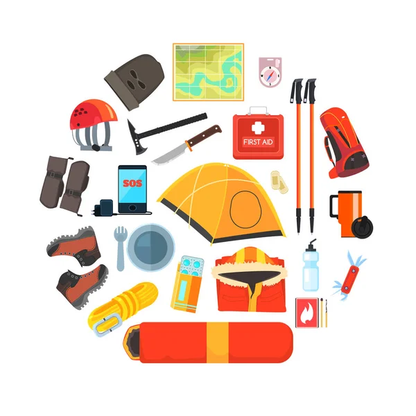 Keşif ekipmanları seti, yürüyüş, kamp ve dağcılık araçları, turizm, keşif sembolleri vektör Illustration — Stok Vektör