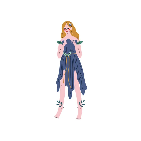 Bosque de hadas o ninfa, hermosa chica en vestido azul Vector Ilustración — Archivo Imágenes Vectoriales