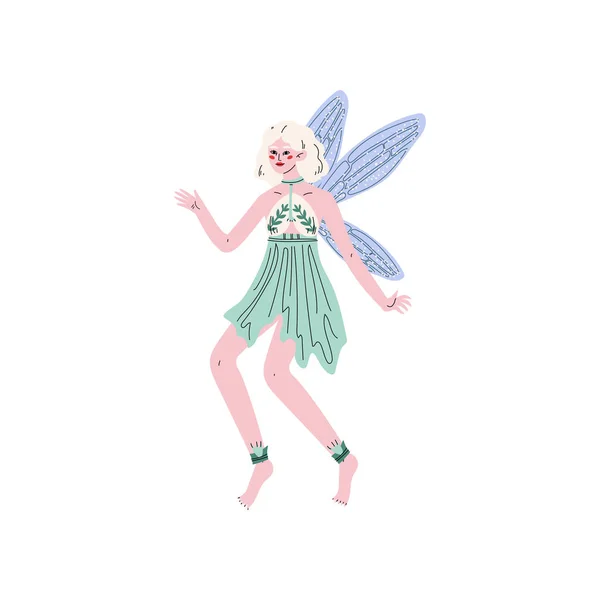 Beautiful Forest Fairy or Nymph with Wings, Pretty Blonde Girl in Green Dress Vector Illustration — Stock Vector