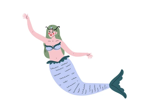 Hermosa sirena o sirena con pelo verde largo Vector Ilustración — Archivo Imágenes Vectoriales