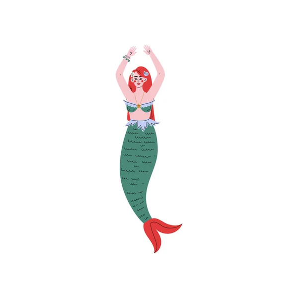 Belle sirène sirène aux cheveux rouges Illustration vectorielle — Image vectorielle