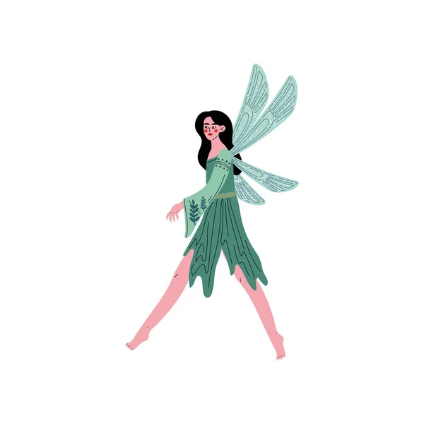 Beautiful Forest Fairy or Nymph with Wings, Pretty Brunette Girl in Green Dress Vector Illustration — Stock Vector