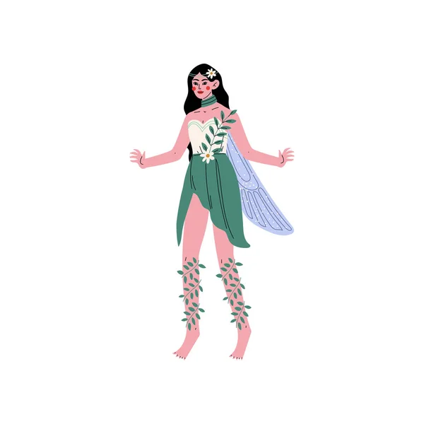 Лесная фея или нимфа с крыльями, красивая девушка брюнетка в зеленом платье векторная иллюстрация — стоковый вектор