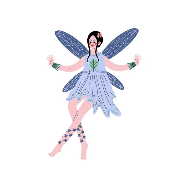 Forest Fairy or Nymph with Wings, Beautiful Brunette Girl in Blue Dress Vector Illustration — Stock Vector