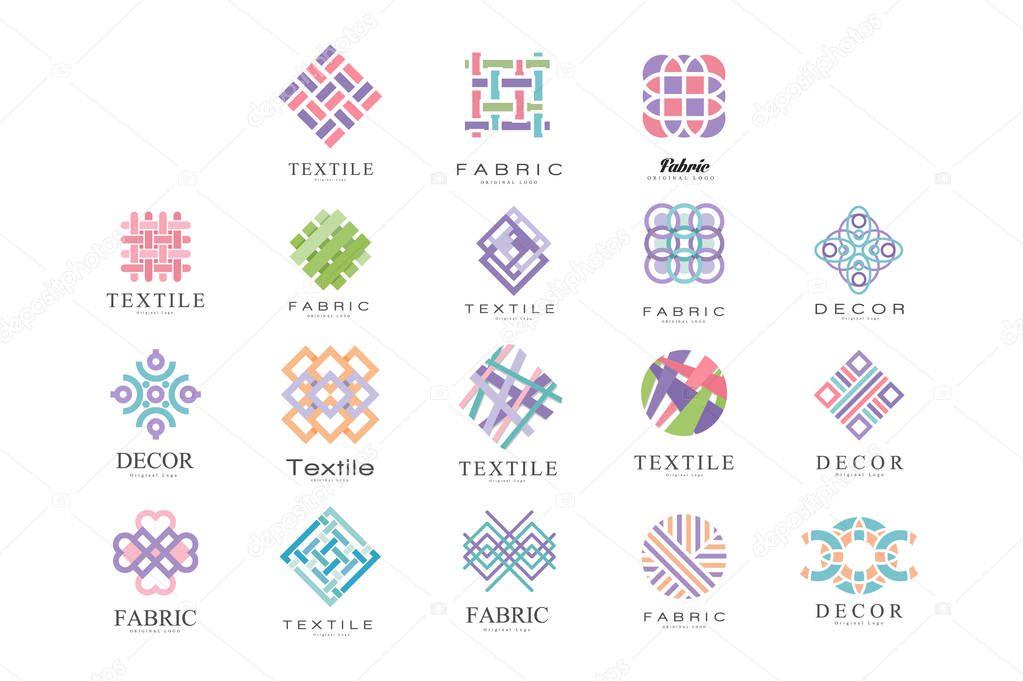 Textile, Fabric, Decor Logo Design Set, Tailor Shop, Sewing, Tailoring Industry Design Element Vector Illustration on White Background.