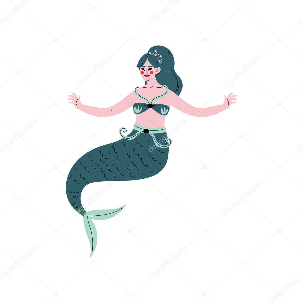 Beautiful Mermaid or Siren with Green Hair and Tail Vector Illustration
