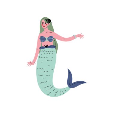 Güzel yeşil saçlı Mermaid veya siren vektör Illustration