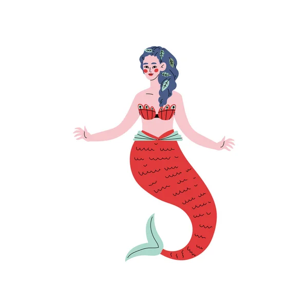 Hermosa sirena o sirena con cola roja Vector Ilustración — Archivo Imágenes Vectoriales