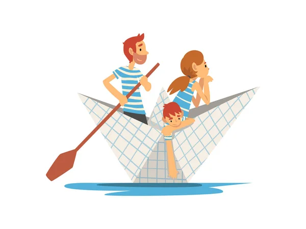 Vater, Mutter und Sohn in blau-weiß gestreiften T-Shirts beim Bootfahren auf Fluss, See oder Teich, Familienpapier-Vektor-Illustration — Stockvektor