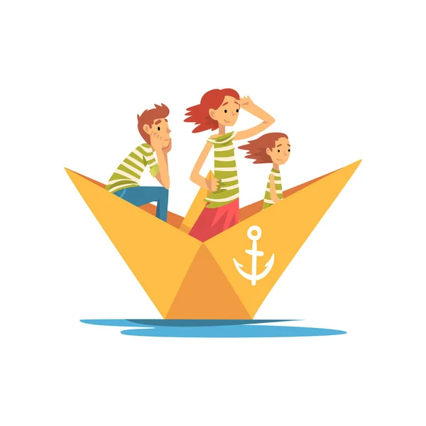 Padre, madre e hijo en camisetas de rayas blancas verdes que navegan en el río, lago o estanque, ilustración del vector del barco del papel de la familia — Vector de stock