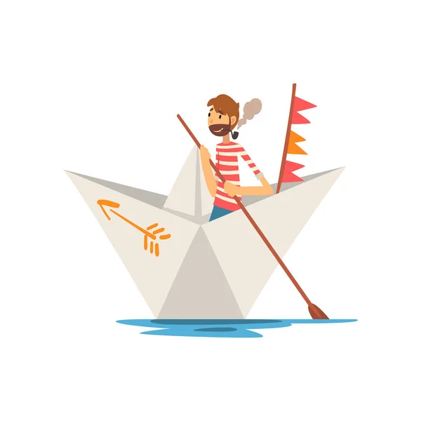 Man Sailor med tobak pipe båtliv på floden, sjön eller dammen i pappers båt vektor illustration — Stock vektor