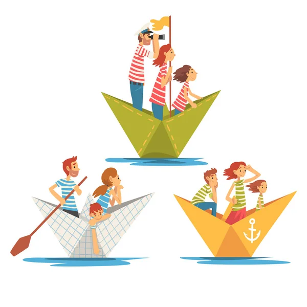 Los padres y los niños en camisetas a rayas Boating on River Set, Family Paper Boats Vector Illustration — Vector de stock