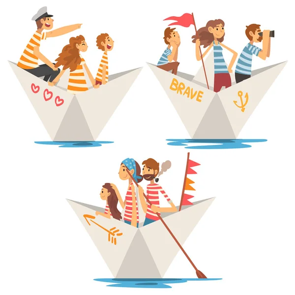 Väter, Mütter und Kinder in gestreiften T-Shirts beim Bootfahren am Flussset, Familienpapierboote als Vektorillustration — Stockvektor