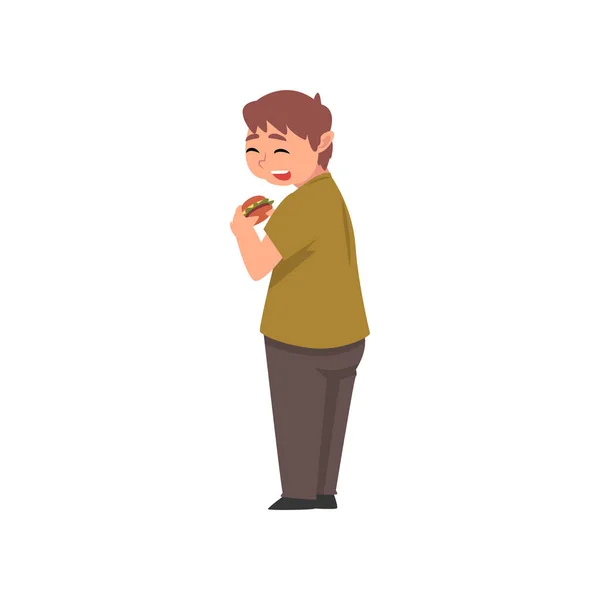 Tlustý chlapec jedný Burger, roztomilá nadváha podřízený znakový vektor ilustrace — Stockový vektor