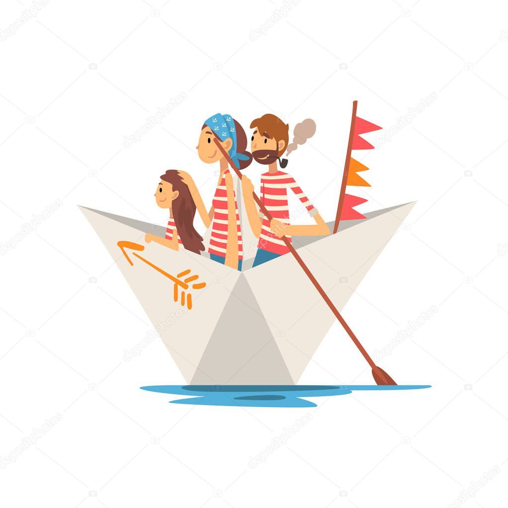 Father, Mother and Little Daughter in Red White Striped T-Shirts Boating on River, Lake or Pond, Family Paper Boat Vector Illustration