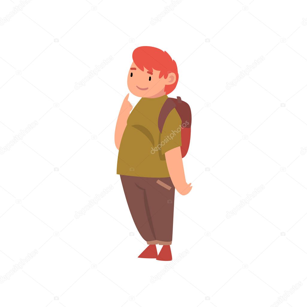 Cute Fat Boy with Backpack, Overweight Child Character Vector Illustration
