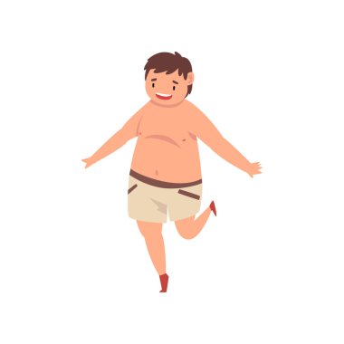 Çıplak göğüs vektör Illustration ile şort, sevimli kilolu çocuk karakteri giyen mutlu şişman çocuk