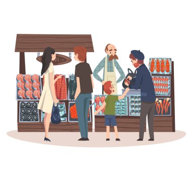 Deniz ürünleri piyasası ile tazelik balık ürünleri Counter, Street Shop ile erkek satıcı ve müşteriler vektör Illustration