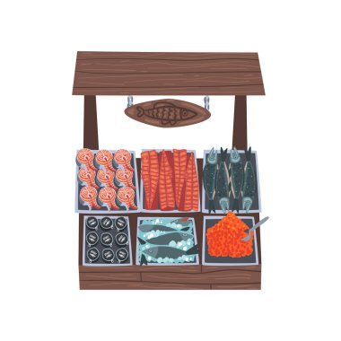 Pazar ahşap Counter taze balık, Street Shop vitrin vektör Illustration